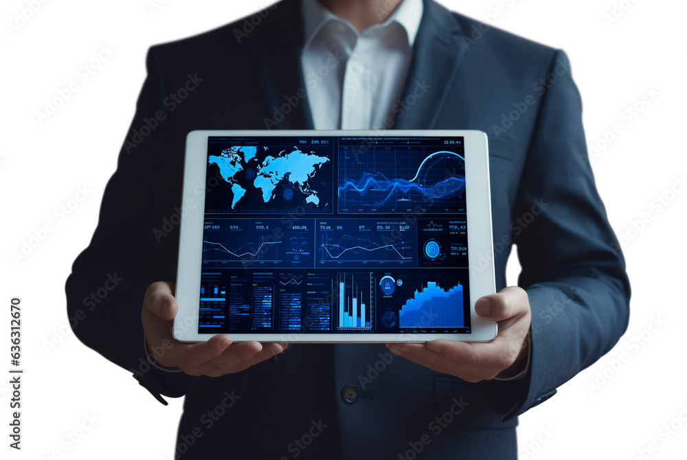 Poster businessman hands holding digital tablet computer with digital world map, data charts and stats on s