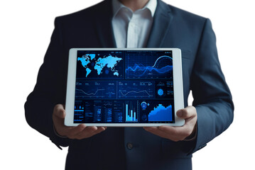 businessman hands holding digital tablet computer with digital world map, data charts and stats on screen isolated on white background, Futuristic user interface technology online concept