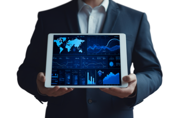 businessman hands holding digital tablet computer with digital world map, data charts and stats on screen isolated on white background, Futuristic user interface technology online concept