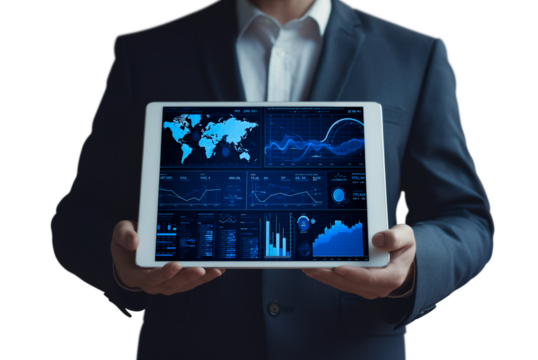businessman hands holding digital tablet computer with digital world map, data charts and stats on screen isolated on white background, Futuristic user interface technology online concept - Powered by Adobe