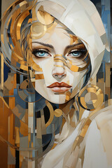 dadaism portrait of a woman in beige, white and gold. abstract wall art. Generative AI 