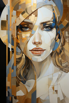 dadaism portrait of a woman in beige, white and gold. abstract wall art. Generative AI 
