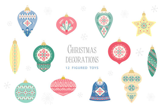 12 Christmas tree shaped toys for the holidays. Christmas decoration set. Flat style. vector illustration.