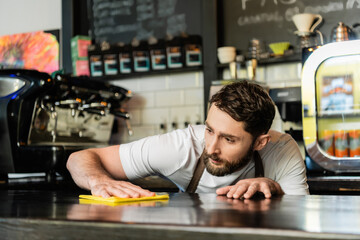 focused bearded barista in apron cleaning bar and holding rag while working in coffee shop