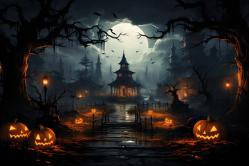 Fototapeta na wymiar Halloween banner, dark village in fog, creepy atmosphere