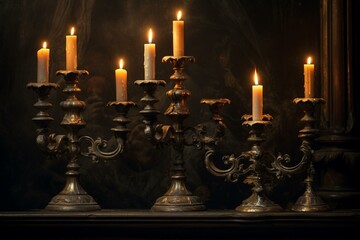 Candles aflame in old candleholders against a dark backdrop. Generative AI