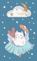 Greeting card cat in dress on the swing