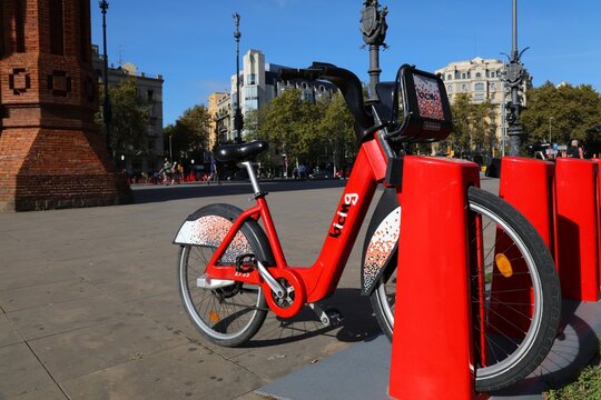 BARCELONA, SPAIN - OCTOBER 7, 2021: Bicing bicycle sharing rental station in Barcelona, Spain. The popular bike sharing system has over 100,000 users.
