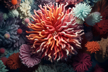 Naklejka na ściany i meble sea corals on the seabed beautiful colors 3d rendering
