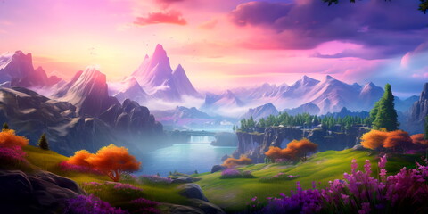 fantasy landscape with a gradient background of magical colors , sense of enchantment and wonder.
