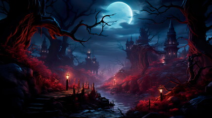 sinister haunted forest with twisted trees, glowing eyes, and haunting whispers. Generative Ai