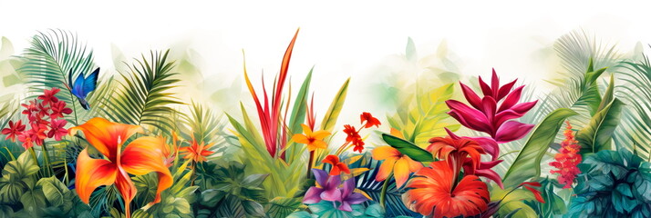 watercolor background with a tropical theme, showcasing vibrant palm leaves, exotic flowers, and tropical fruits in a lush paradise.