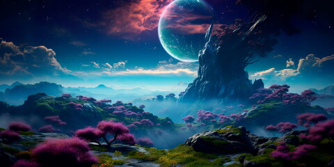 Fototapeta na wymiar fantasy landscape with a gradient background of magical colors , sense of enchantment and wonder.