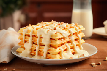 Delicious waffles with cream on a wooden table. Sweet breakfast. 