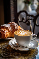 Early french breakfast. Coffee and croissant