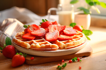 Delicious waffles with strawberries on a wooden table. Sweet breakfast