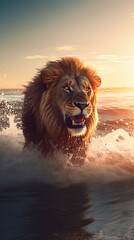 Lion playing in the sea