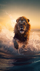 Lion playing in the sea