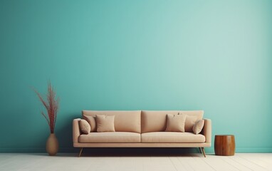Fototapeta na wymiar Minimalistic Interior Beige Sofa with Vacant Turquoise Wall. Generative AI