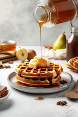 Early breakfast with waffels and honey