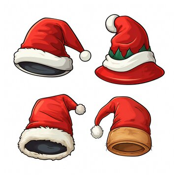 Collection of Red Santa Claus Hats isolated on white background. Set. Illustration. Generative ai