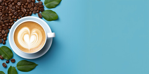 Top view of Latte art and coffee bean on solid blue background. Generative AI Technology - obrazy, fototapety, plakaty