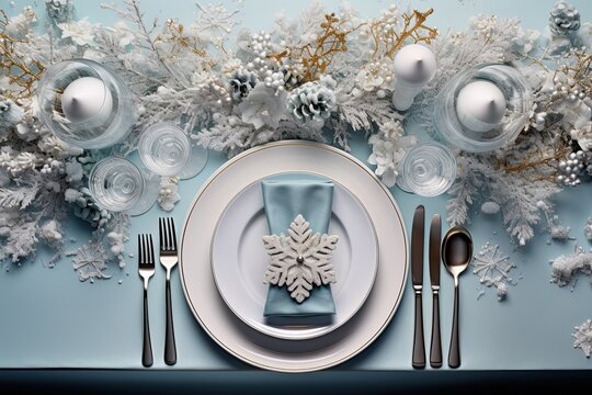 Christmas table setting with dishware, silverware and decorations on festive table. Top view.