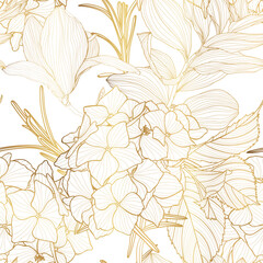 Foliage seamless pattern, strelitzia plant, Solomon's seal (Polygonatum multiflorum) branch leaves line art ink drawing in golden line.