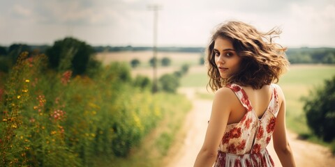 Naklejka premium Beautiful young fictional teenager girl wearing a sundress in countryside. Smiling portrait. Generative AI illustration.
