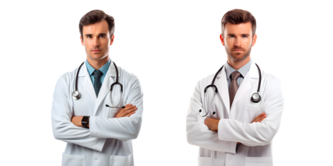 Serious doctor in whitecoat crossing arms on chest while standing in front of camera isolated on transpared background png format Fictional Person, Generative AI