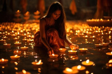 Indian holiday Diwali. a girl in national clothes celebrates with flowers and candles. concept India, flowers, celebration