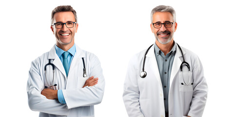 Cheerful mature doctor posing and smiling at camera, healthcare and medicine png format on transparent background Fictional Person, Generative AI