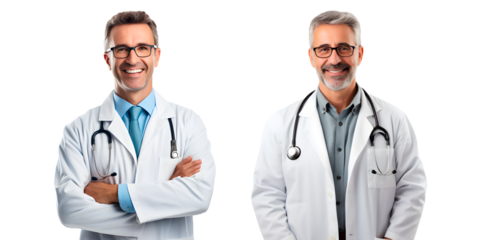 Cheerful mature doctor posing and smiling at camera, healthcare and medicine png format on transparent background Fictional Person, Generative AI