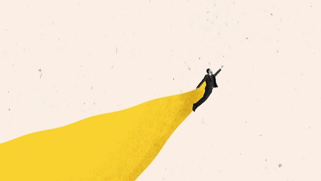 Stop motion, animation. Businessman flyign like a superhero forward, looking for innovations and success