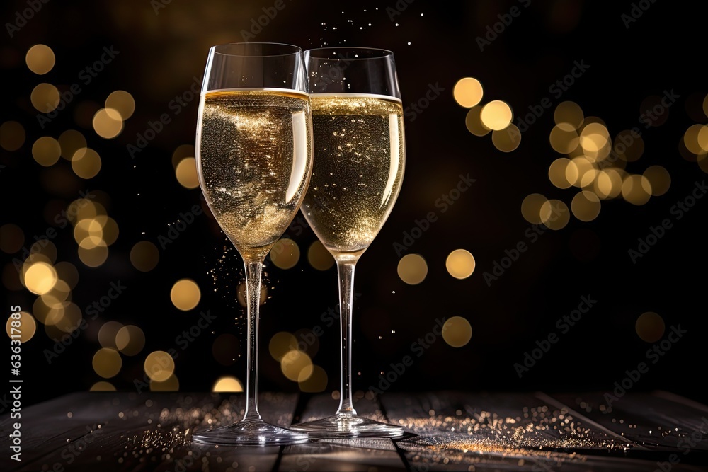 Wall mural Dark festive glass of champagne on bokeh background