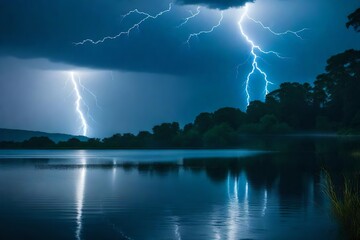 Naklejka na ściany i meble lightning over lake