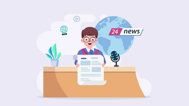 TV presenter concept. Broadcaster speaking on camera, reporting news.