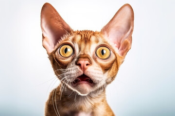 Close-up Funny Portrait of Surprised Devon Rex cat with Huge Eyes Isolated on White Background. Digital illustration generative AI.