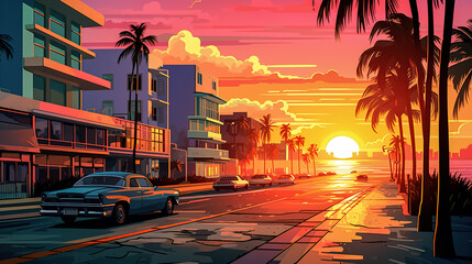 South beach Miami illustration landscape and sunrise or sunset. Colorful comic book style illustration. Digital illustration generative AI.