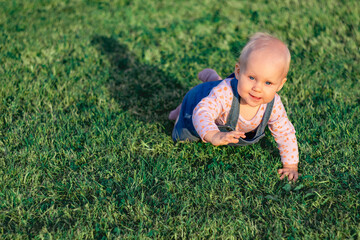 nine month baby crawl on all fours on green grass and smile, kid connect with the nature, banner copy space