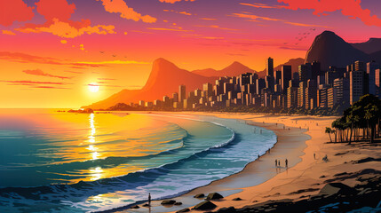 Copacabana beach illustration landscape and sunrise or sunset. Colorful comic book style illustration. Digital illustration generative AI. - obrazy, fototapety, plakaty