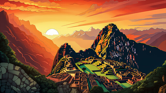 Machu Picchu illustration landscape and sunrise or sunset. Colorful comic book style illustration. Digital illustration generative AI.