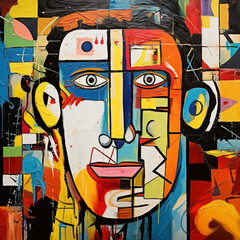 Retrato pintado colorido de um homem.  Colagem de arte contemporânea.