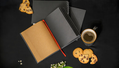 notepad, cookies, coffee cup, flowers on a black background.