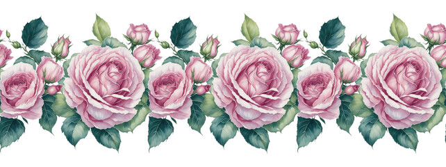 Seamless horizontal border with watercolor roses, isolated on a white background
