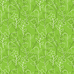 Vector black and white illustration of bouquet bell and tulip flowers with leaves isolated on a green background. Seamless pattern