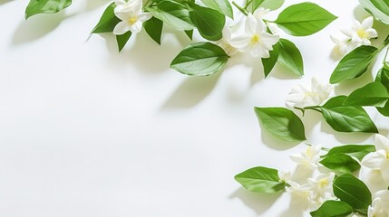 jasmine flowers with green leaves with shadows on a white background, flat lay