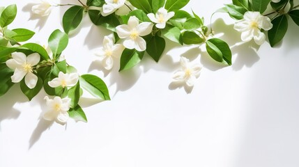 jasmine flowers with green leaves with shadows on a white background, flat lay