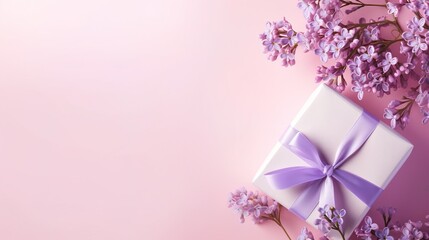 gift box and lilac branches on a pink background