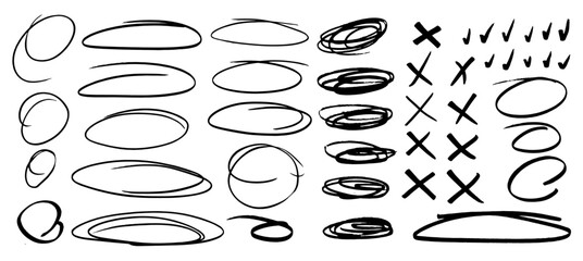 Marcas de rotulador de diversas formas. Formas caligraficas redondas, con forma de burbuja en aspa, con forma de uve (correcto, aprobado)  - obrazy, fototapety, plakaty